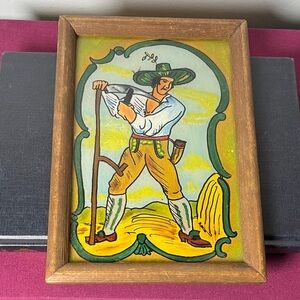 Vintage Reverse Hand Painted Rare German Folk Art Farmer‎ Framed